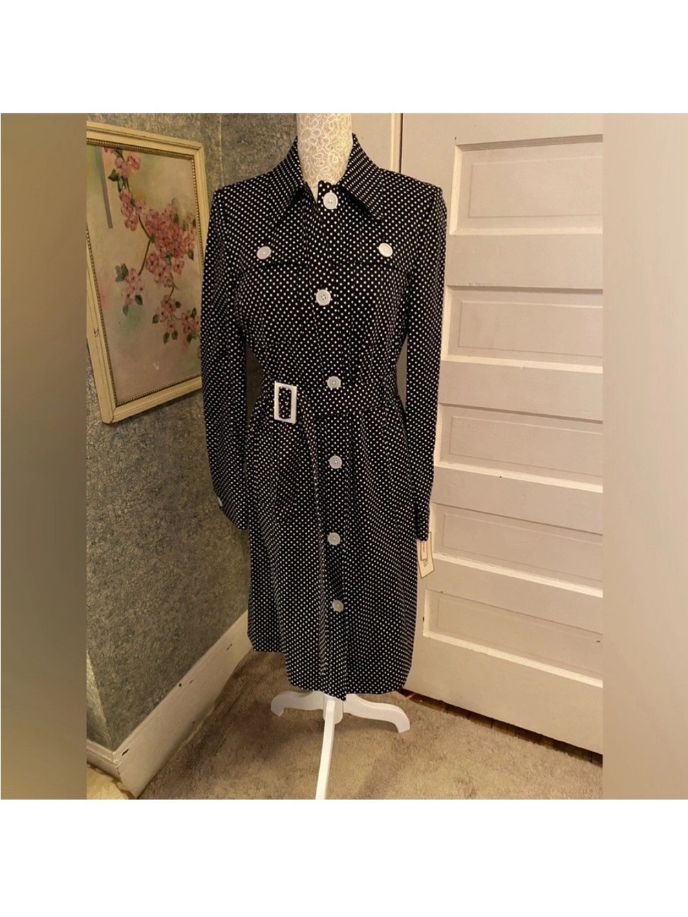 NWT spring 2005 Michael Kors black & white polka dot trench coat stretch sz Sm